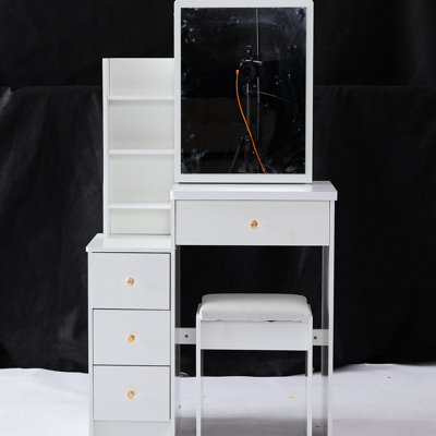 Table de coiffeuse de gauche pour les petits espaces, avec chaise rembourrée et très grand miroir coulissant, rangement multi-couches, tabouret élégant de taille commode blanche, multi-couches grande capacité
