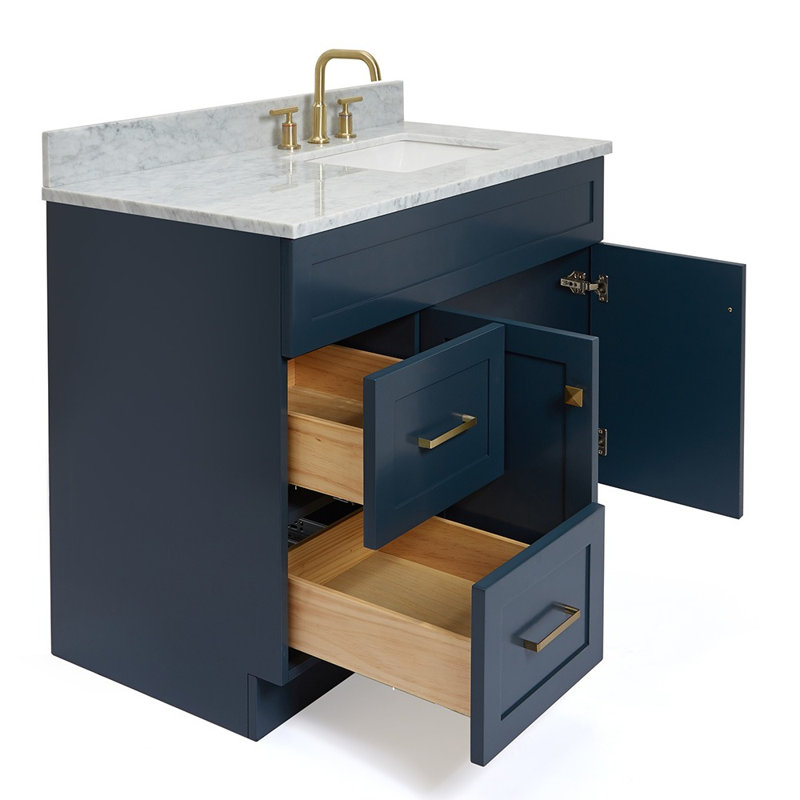Partham 43'' Single Bathroom Vanity with Carrara Marble Top, Midnight Blue