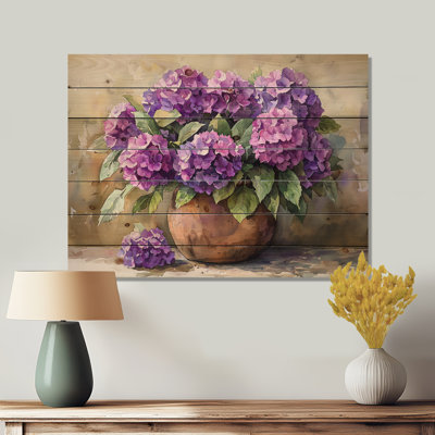 Hortensias dans un vase rustique - impression d'hortensias sur bois de pin naturel