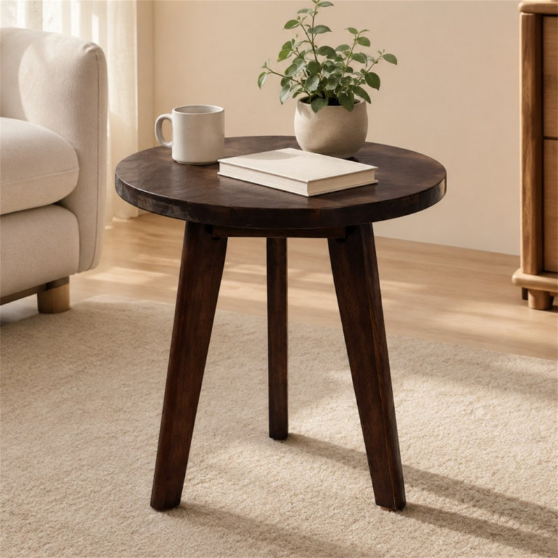 Table d'appoint ronde en bois d'acacia, table de bout avec design unique à 3 pieds