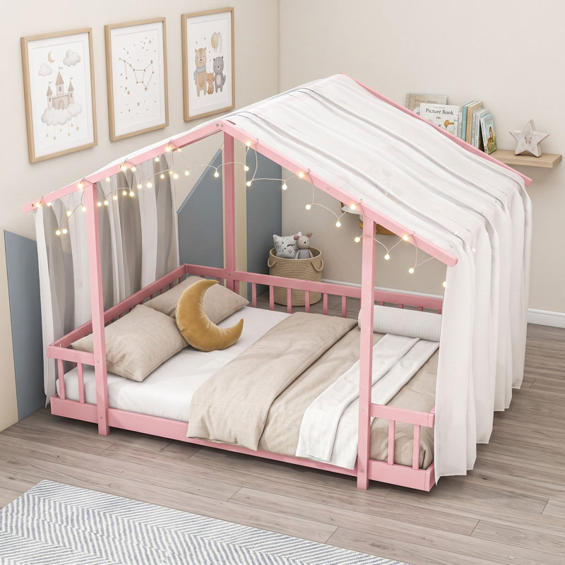 Lit plateforme avec baldaquin et guirlandes lumineuses décoratives, Lit double, Rose