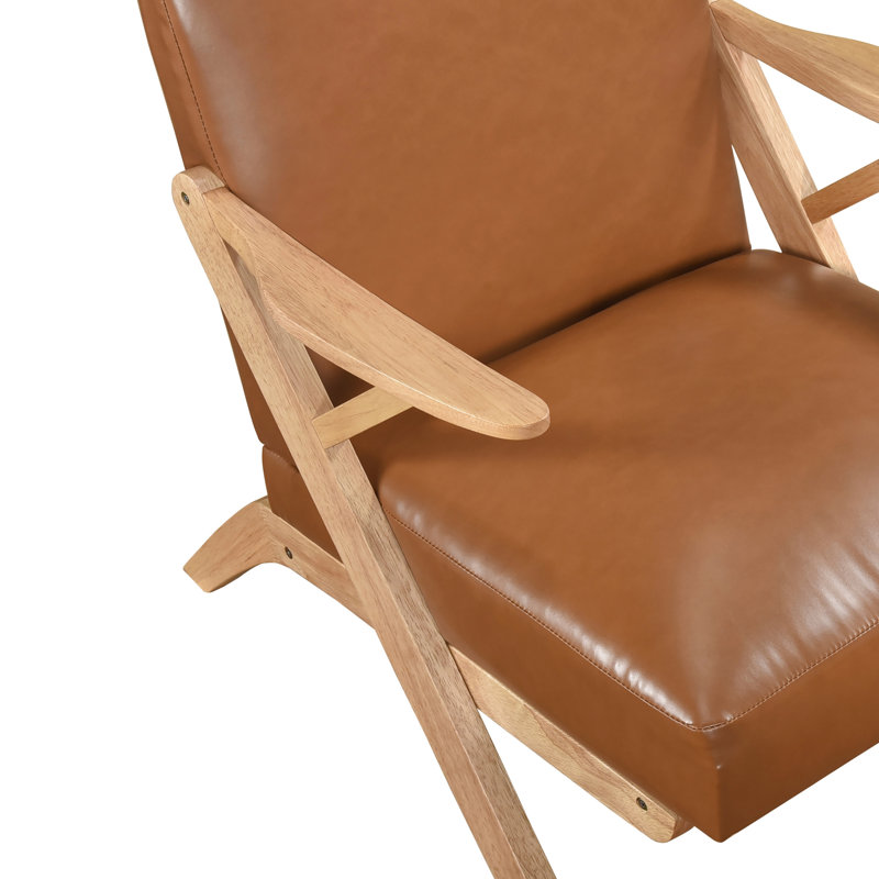 Solid Wood Accent Chair With Natural Finish And Brown Faux Leather Top Padding Rubberwood Frame Decor, Brown, Natural