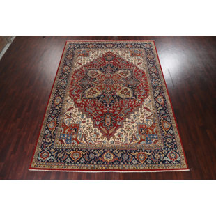 Tapis rouge en laine noué à la main de conception unique 9 pi 11 po x 13 pi 7 po