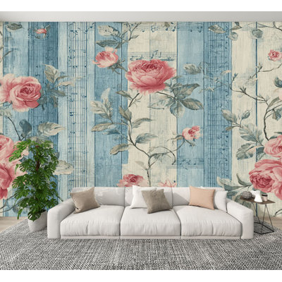 Vintage Peel and Stick Wallpaper Vintage Floral Roses Musical Wall Murals 100"H x 144"W Removable PVC Wall Paper Self-Adhesive Wall Decor for Bedroom Living Room Home Office