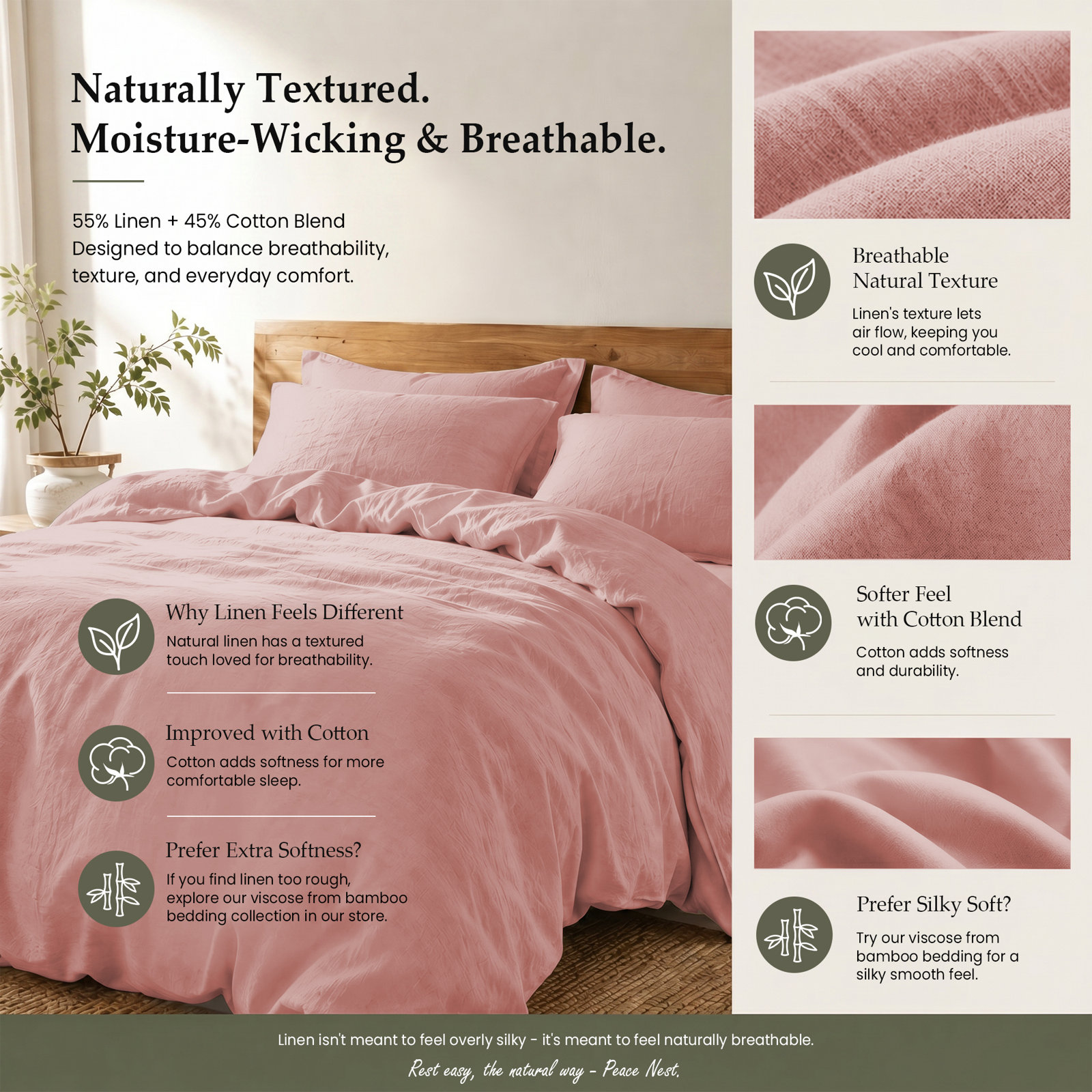 Boseman Linen Duvet Cover Set, King Duvet Cover + 2 King Pillowcases, Pink