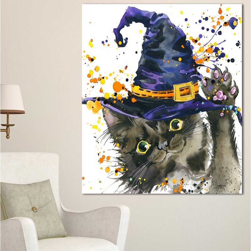 «Halloween Cat and Witch Hat», reproduction d'art sur toile tendue, H 60 po x l 28 po x P 1,5 po, Toile tendue