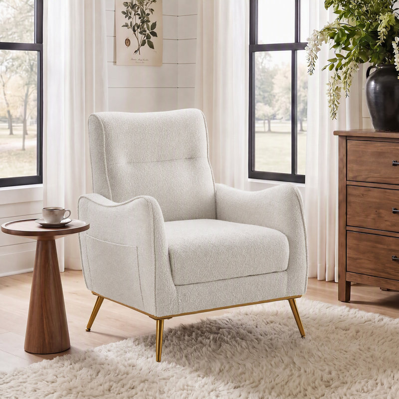 Fauteuil à oreilles haut dossier, siège extra profond, poche latérale, pieds en métal doré, Beige, 1