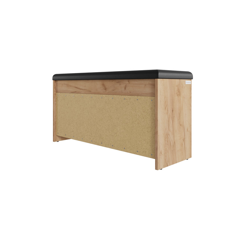 Blak Faux Leather Upholstered Storage Bench, Oak