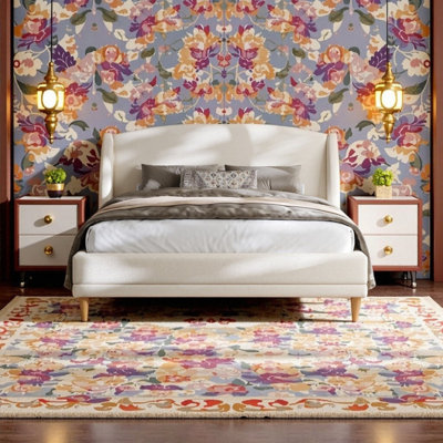 Très grande base de lit tapissier avec tête de lit à oreilles en tissu Boucle et pieds en bois massif