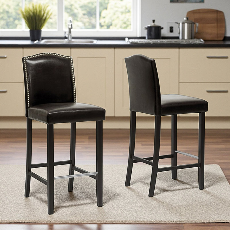 Bloom Modern Nailhead Bar Stool in Dark Brown/Black, 44.39'' H X 18.26'' W X 21.22'' D (Set of 2), Brown