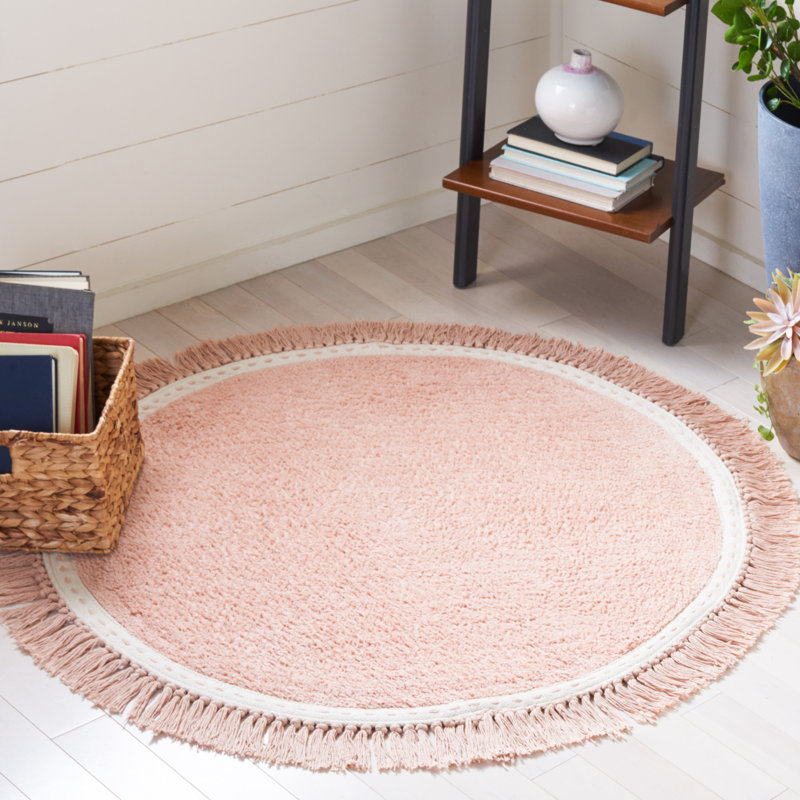 Hardrigg Handwoven Cotton Area Rug in Pink/Ivory, Round 3'