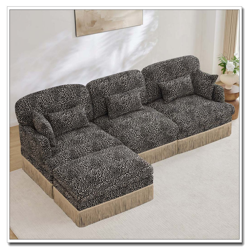 Canapé Comfy Chenille Leopard, kaki + 3 sièges + 1 repose-pieds