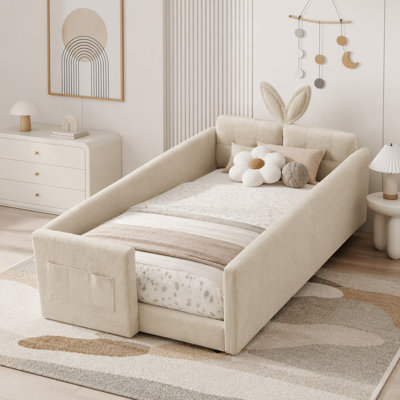 Lit plateforme simple avec tête de lit pour oreilles de lapin, barrière de sécurité et poche de rangement