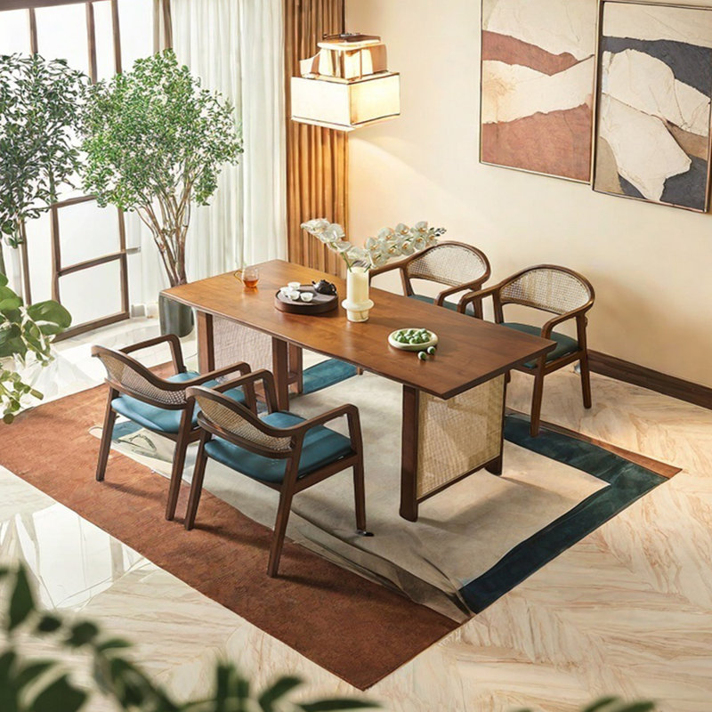 Rattan solid wood dining table set, 29.13"H x 70.87"L x 33.46"W