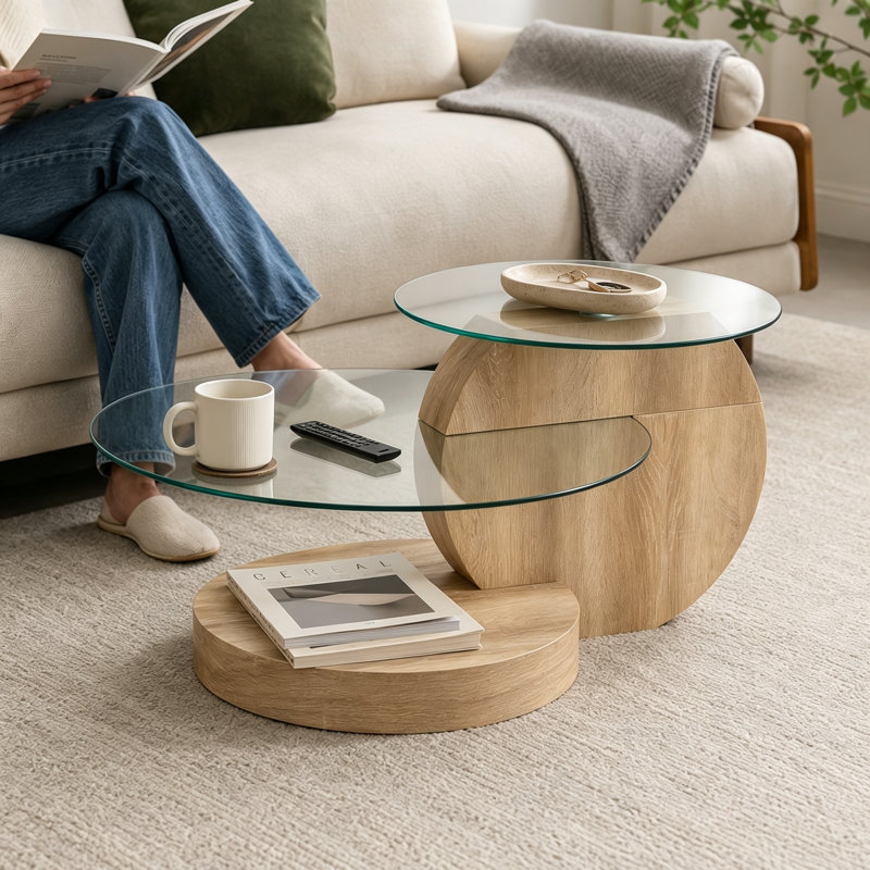 Table basse 35,4 "à plusieurs niveaux avec deux plateaux en verre trempé et une tablette inférieure, Warm Natural Oak