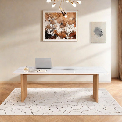Modern rock plate dining table, solid wood base