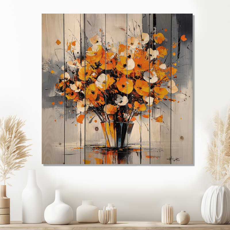 Bouquets de coquelicots orange et gris I - coquelicots, art mural en bois sur bois de pin naturel, H 15 po x l 15 po