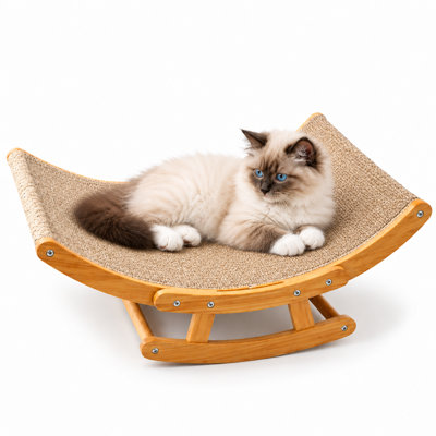 3-in-1 Cat Scratcher Rocker Lounge, Curved Corrugated Cardboard Scratching Board with Wooden Rocking Base, Cat Bed & Play Furniture for Indoor Cats