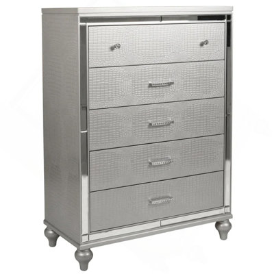 Glam Style 1Pc Chest Five Drawers Snake Skin Design Glass Panel Gourd Legs Bedroom Furniture
