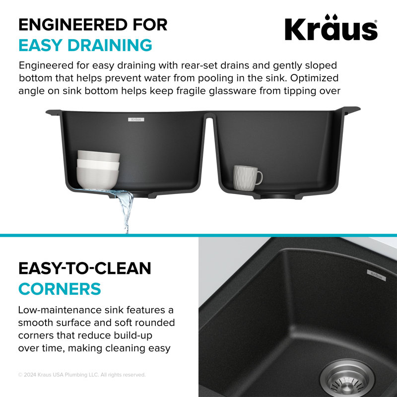 KRAUS Forteza™ 33" L Dual Mount 60/40 Double Bowl Granite Kitchen Sink, Black