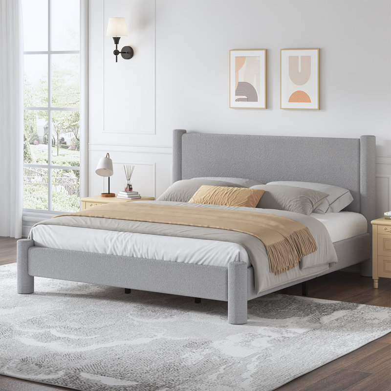 Lit plateforme tapissier Boucle, Gris, Très grand lit