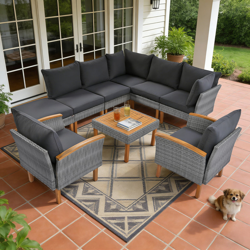 Ensemble de 9 meubles de patio pour l'extérieur avec pieds et plateau de table en bois d'acacia