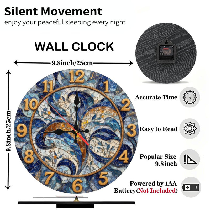 Motif floral horloge mosaïque bleue