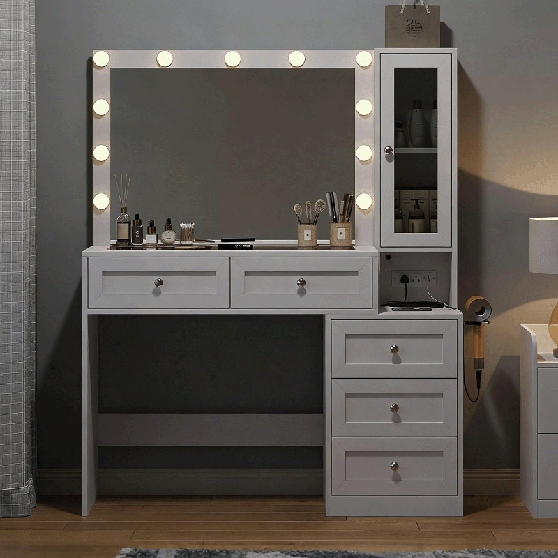 Vanity Desk with 11 Lights Mirror & Power Outlet, Small Makeup Vanity Table Set with 5 Storage Drawers, 3 Lighting Modes & Adjustable Brightness, Dressing Table Bedroom