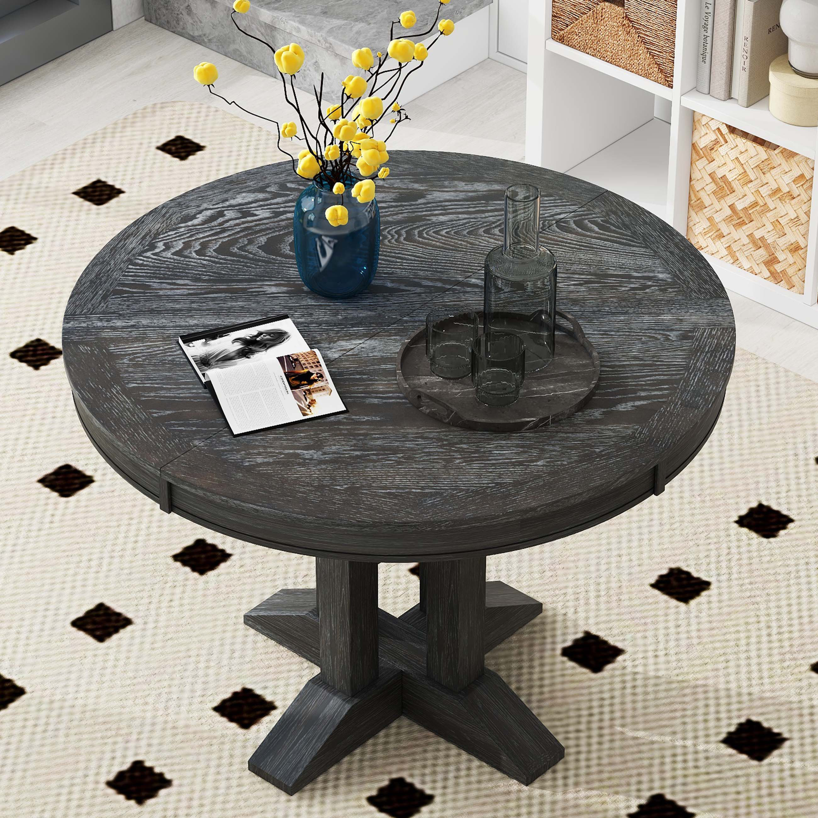 Gracie Oaks Farmhouse Dining Table Extendable Round Table(Black ...