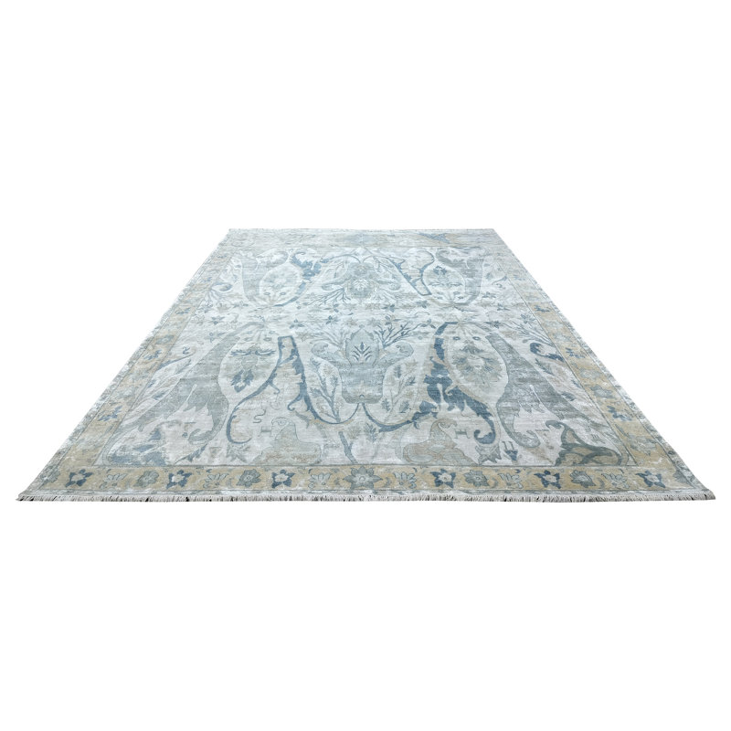 Hand Knotted Wool/Silk Oriental Area Rug in Ivory/Blue/Gray, Rectangle 10' x 14', Cream/Gold