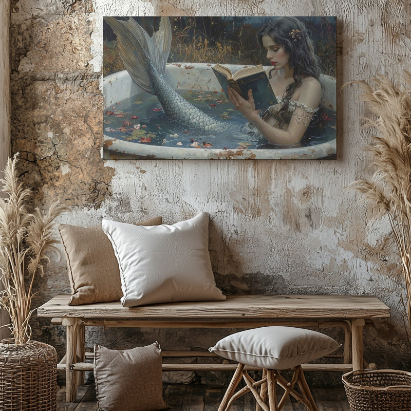 Moonlit Mermaid Reading Canvasserene Fantasy Bathaign Canvas, art mural, H 16 po x l 20 po