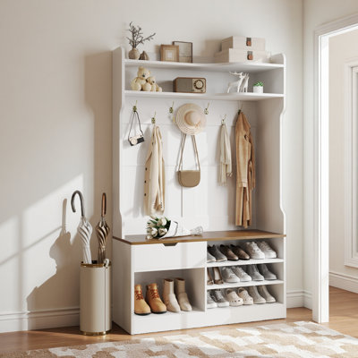 Arbre d'entrée avec banc, style simple, grain de bois en relief blanc, 42,9 po x 15,94 po x 70,86 po
