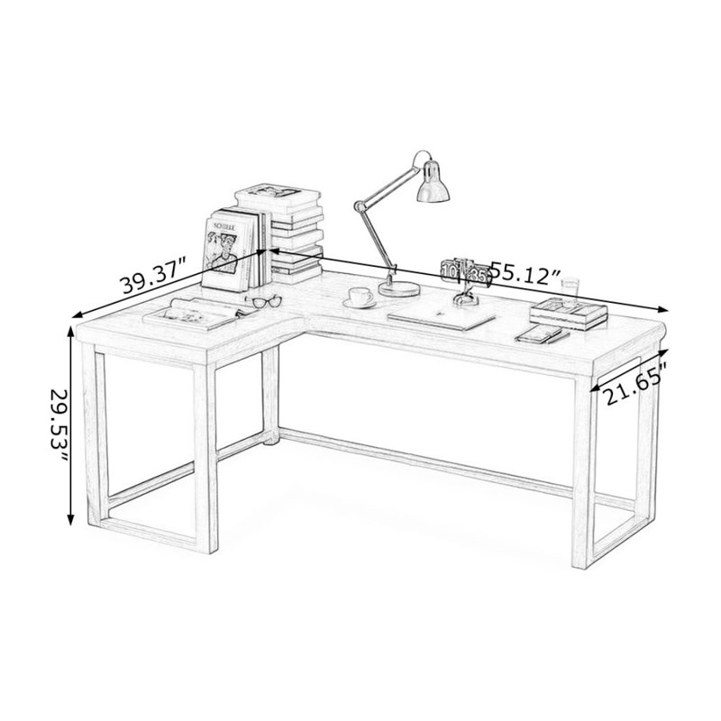 Bureau d'angle en bois massif en forme de L, 29.53" H x 55.12" W x 39.37" D, Grey, Left Hand Return