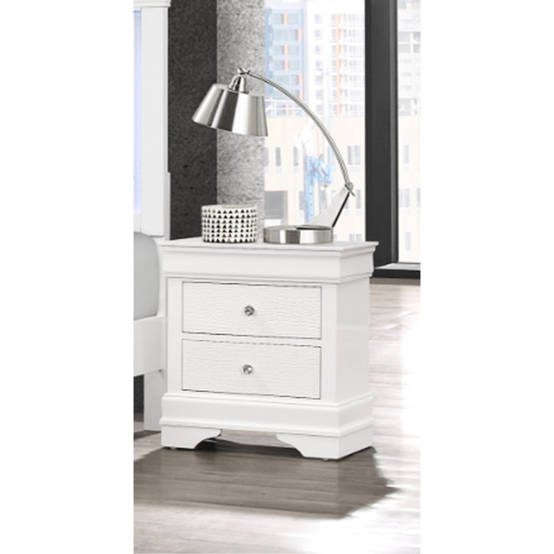 Bois massif + table de chevet blanche avec un design contemporain et un tiroir texturé moderne en cristal, Blanc