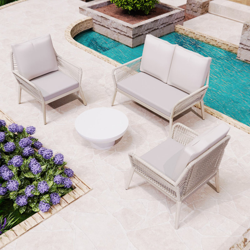 Beryna 4-Person Acacia Outdoor Sofa Seating Group With Cushions, Cream