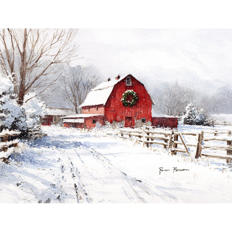 «Country Barn in Falling Snow», art mural sur toile tendue, H 24 po x l 36 po