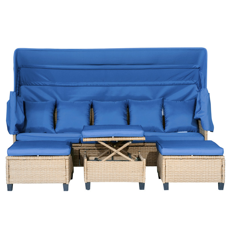 Ensemble 4 pièces de canapé de patio en résine tressée résistante aux rayons UV avec auvent rétractable, coussins et table élévatrice