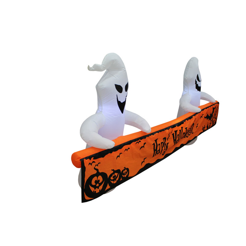 8 Foot Long Lighted Happy Halloween Inflatable White Ghosts with Orange Banner Indoor / Outdoor Holiday Blow Up Yard Garden Decoration