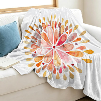 Jeté en flanelle orange ultra doux, imprimé mandala aquarelle