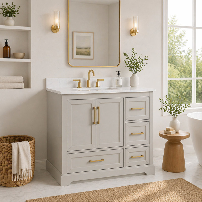Wilce Snowline Freestanding Double Sink Bathroom Vanity With Engineered Stone Top, 42"