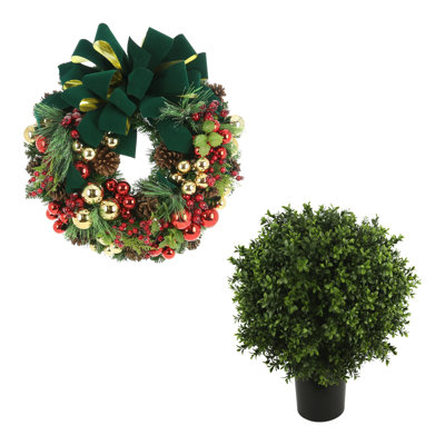 Classic Holiday Wreath and UV Boxwood Drop-In
