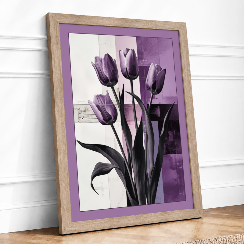 Dark Tulip Bouquet Botanical - Framed Print, A4 - 29.7 x 21.0 cm, Oak