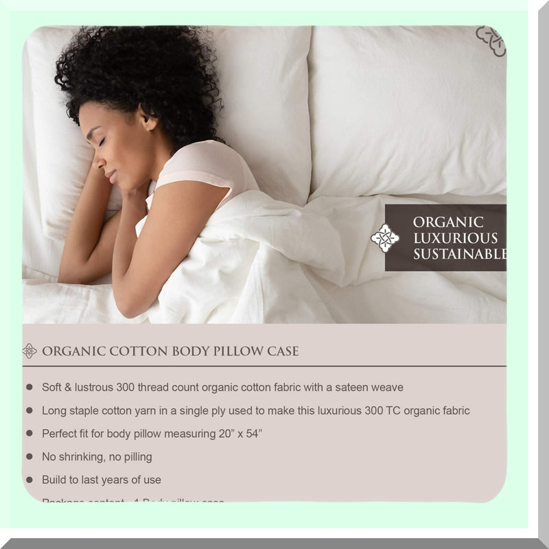 Luxury Cotton Sateen Body Pillow Cover - 300 Thread Count Soft GOTS Certified Pillowcase with Zipper Closure - 21" x 54" Grey Cover