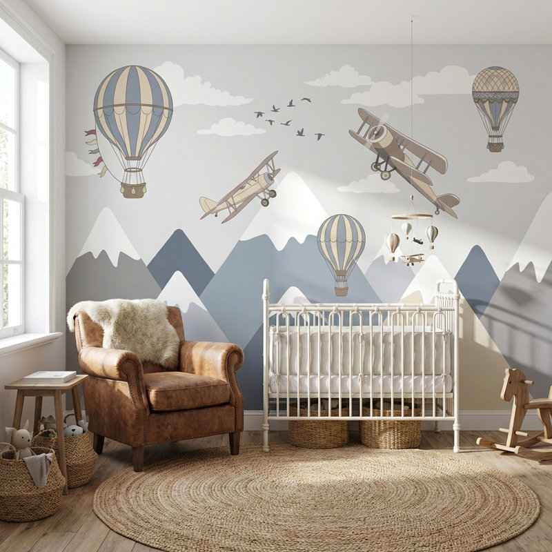 Murale rétro Airplanes, L: 190 po x H: 108 po, Peler et coller