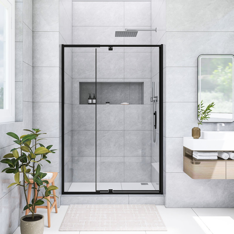 48 In. W X 71 In. H Pivot Framed Shower Door In Matte Black Finish
