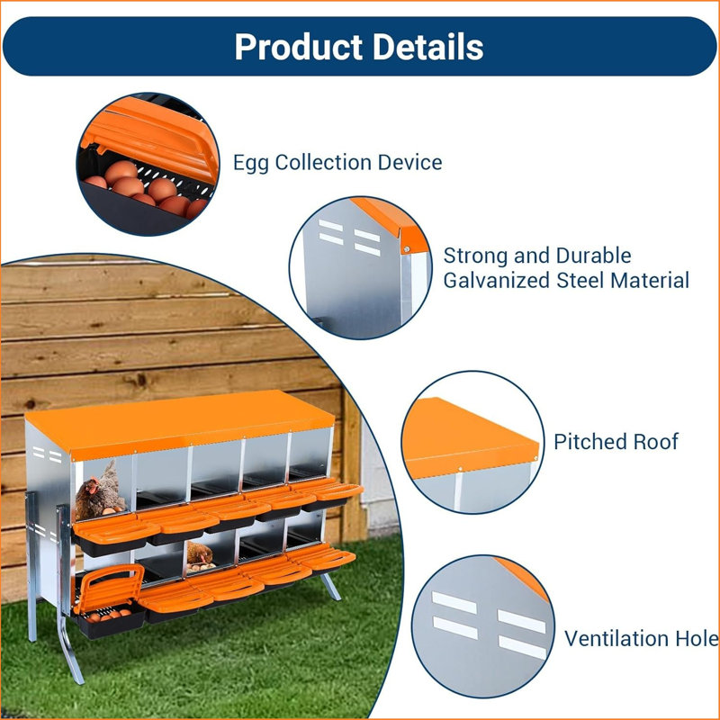 Chicken Nesting Boxes,10 Holes Metal Roll Away Eggs Laying Boxes With Ventilation Holes,rustproof Plastic Tray & Keyhole Mounting, Cleanable Pull Out Nest Box For Hen & Duck, Orange