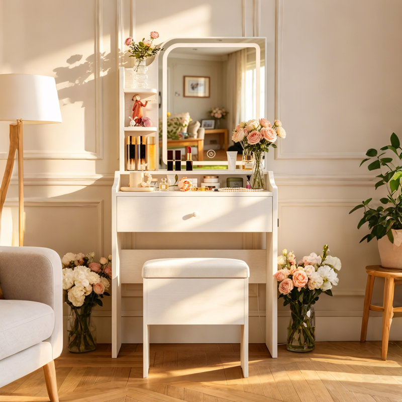 Ensemble de meuble-lavabo avec miroir à DEL intelligent et rangement, parfait pour les chambres à coucher, les salons et les dortoirs