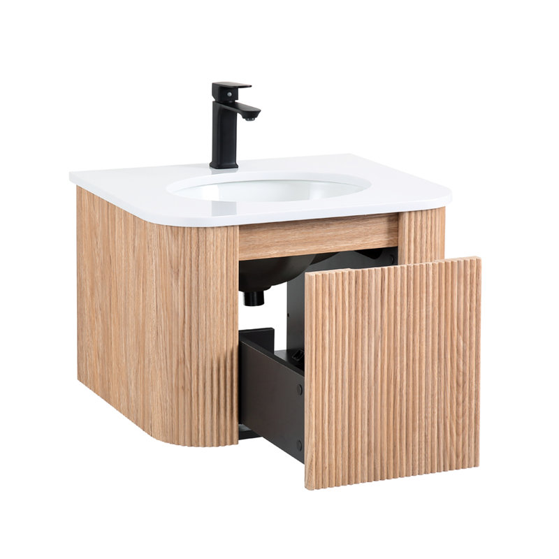 Meuble de salle de bain mural 24 po, forme courbée moderne, finition en bois naturel, lavabo en marbre de culture, tiroir à fermeture en douceur pour unité à fixation quotidienne, profil, lattes, articles de toilette intégrés