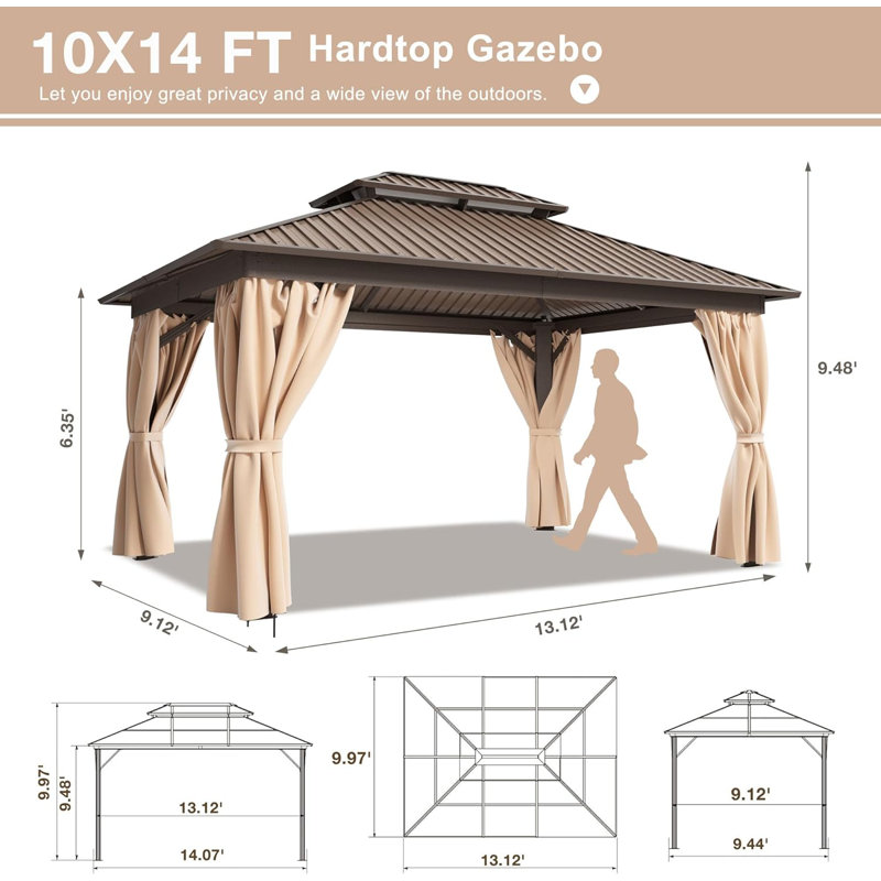10 ft. x 14 ft. Hardtop Gazebo with Aluminum Frame,Double Roof Gazebo with Nettings and Curtains