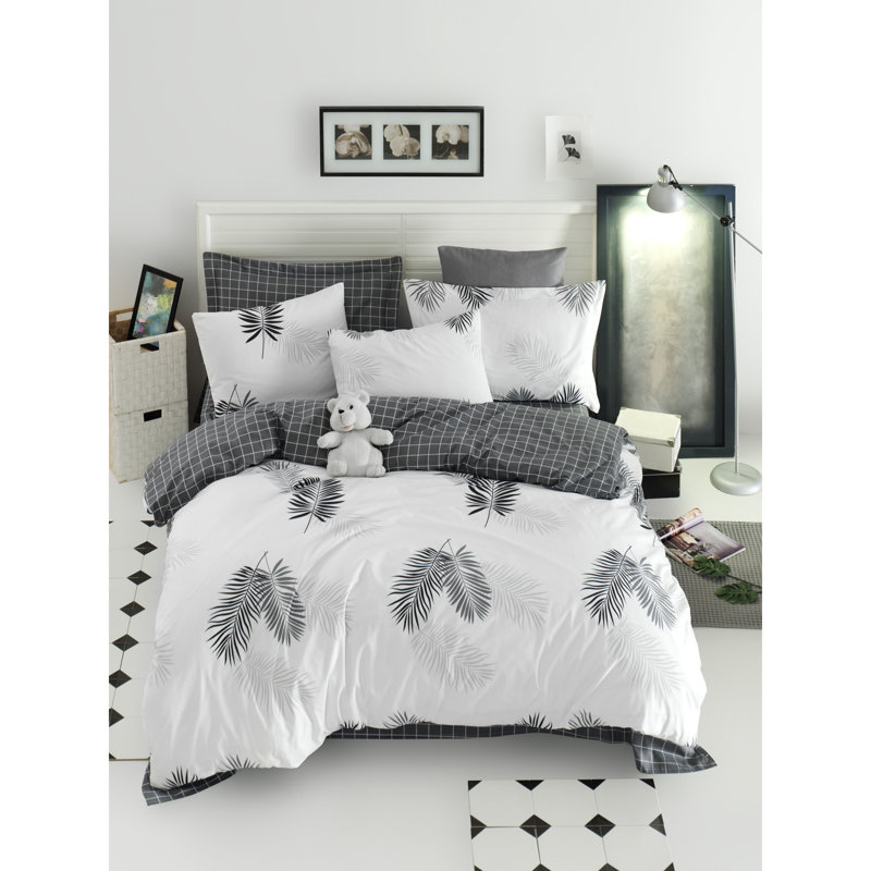 Ensemble de housse de couette 100% coton double Ranforce, blanc et gris | Housse de couette 78,7 po x 78,7 po et 2 taies d'oreiller 31,5 po x 31,5 po | Lavable à la machine, 142 fils, fermeture à boutons et enveloppes | Literie luxueuse et durable